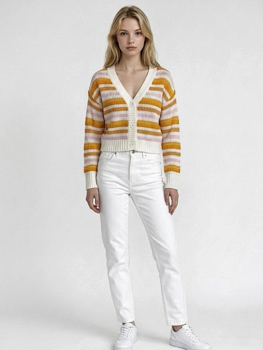 nikka k Women’s S Pink/Orange/White Striped V-Neck Cropped Knit Cardigan Sweater